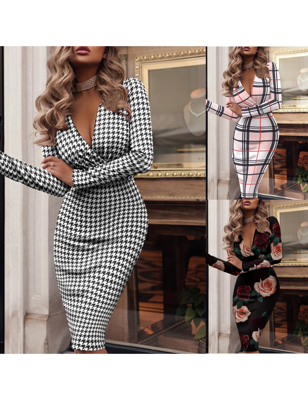 Winter 2021 Sex Women Clothing Elastic Close-fitting Bag Hip Bodycon Dress  Banquet Prom Fashion Elegant plaid print Dress